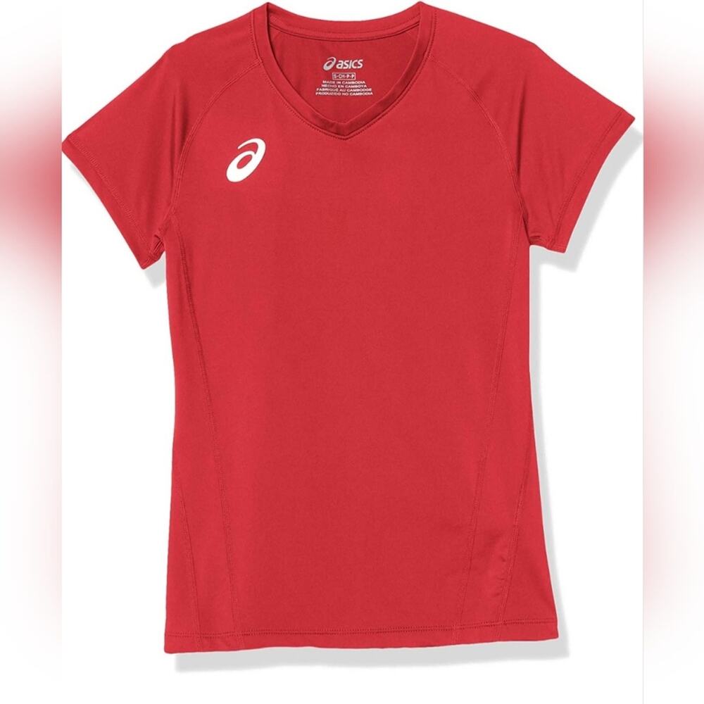 Asics Motion Dry Jersey Red V-neck Short Sleeve Stretch Shirt Med Athleisure